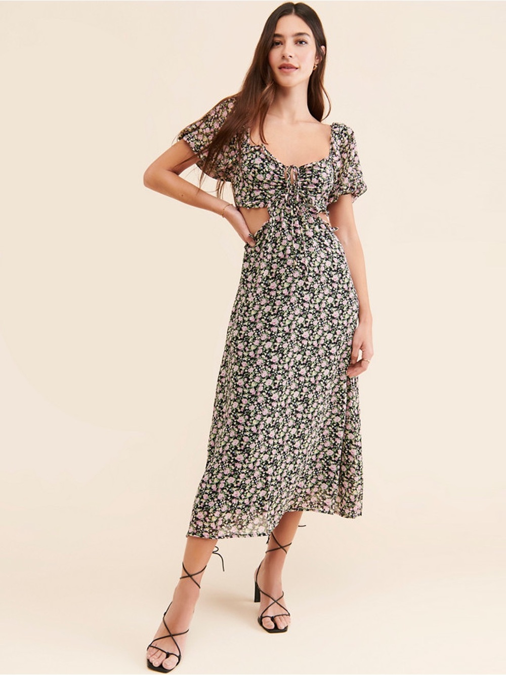 NWT - ASTR The Label - Ruffle Cutout Midi Dress - Black Floral
